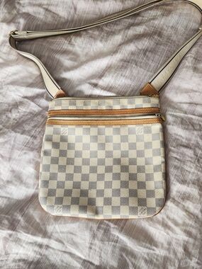Louis Vuitton Cream Checkered Crossbody with Tan Trim